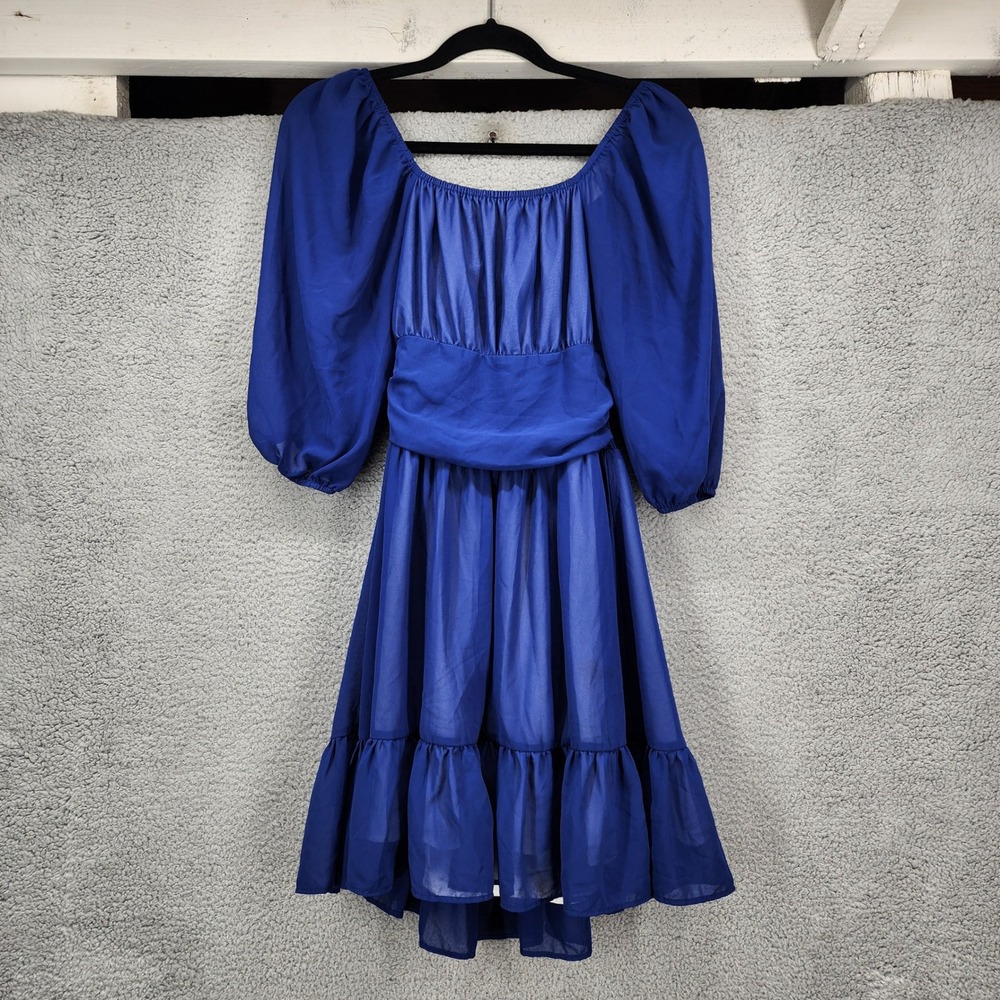 Albe Rita Royal Blue Puff Sleeve Tie Back Cutout Mini Dress Small